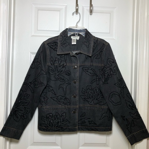 Coldwater Creek Cotton Embroidered Beaded Buttoned Pockets Black Denim Jacket MP - Picture 2 of 13